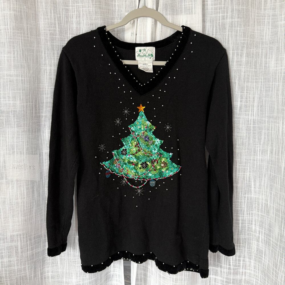 Vintage Quacker Factory Christmas Tree Sweater S Black Sequins Beaded Holiday